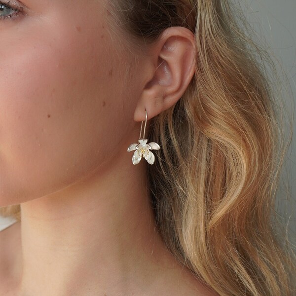 Sterling silver jasmine hook earrings, Hook-on silver flower earrings, Wedding earrings, Jasmine Floral Jewelry, Mother's day earrings