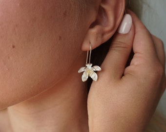 Sterling silver jasmine hook earrings, Hook-on silver flower earrings, Wedding earrings, Jasmine Floral Jewelry, Mother's day earrings