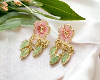 Peach Flower Spring earrings, Cherry Blossom Flower Studs with Green Leaves, Wedding earrings, Mother's day earrings, Nickel Free