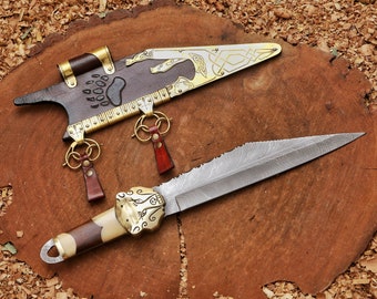 Hand Made Damascus Viking Seax , Viking Damascus Scramasax With Engraved Brass Fitted Scabbard