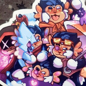 Puede incluir: Una pegatina con un grupo de personajes de dibujos animados con forma de mono. Los personajes tienen varios accesorios, como gafas, un paraguas y un bast&oacute;n. La pegatina tiene un borde blanco y est&aacute; sobre un fondo con motivos de estrellas y lunas.