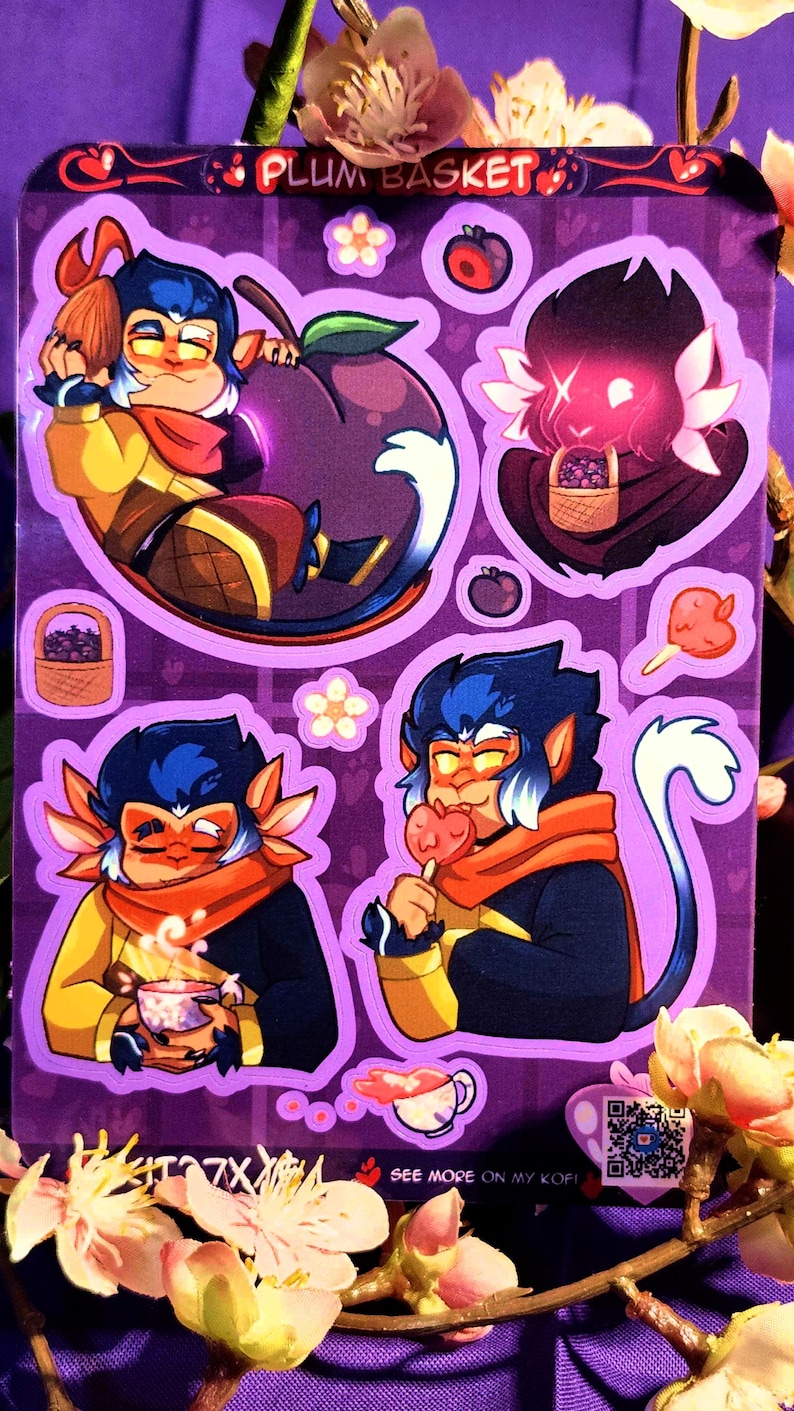 May include: A set of four stickers featuring a cartoon character with blue fur, a red scarf, and a yellow shirt. The character is shown in different poses, including holding a plum, a cup of tea, a lollipop, and a basket of plums. The stickers are on a purple background with the text "Plum Basket" at the top.