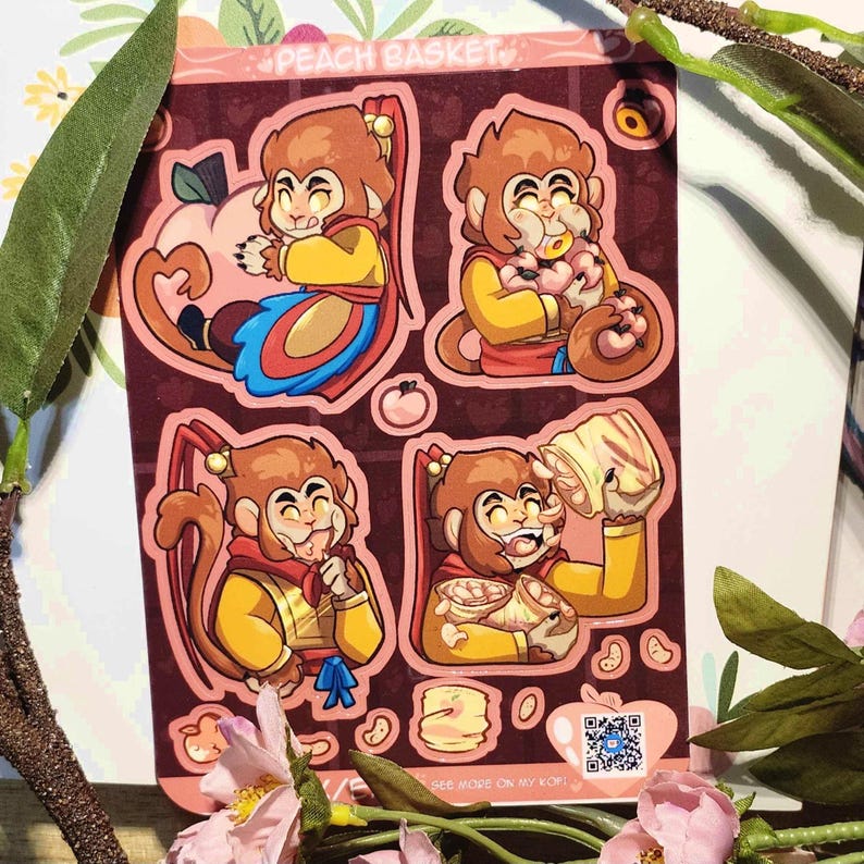 May include: Four sticker designs featuring a cartoon monkey in different poses. The monkey is wearing a yellow and red outfit and holding a peach, a pastry, or a bunch of peaches. The stickers are on a peach background with the text "Peach Basket" at the top.