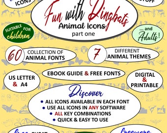 100s of Animal Icons: free for commercial use, 60 Fonts - T-shirts, cards, wall art, decoration + more; digital + printable,free gift...