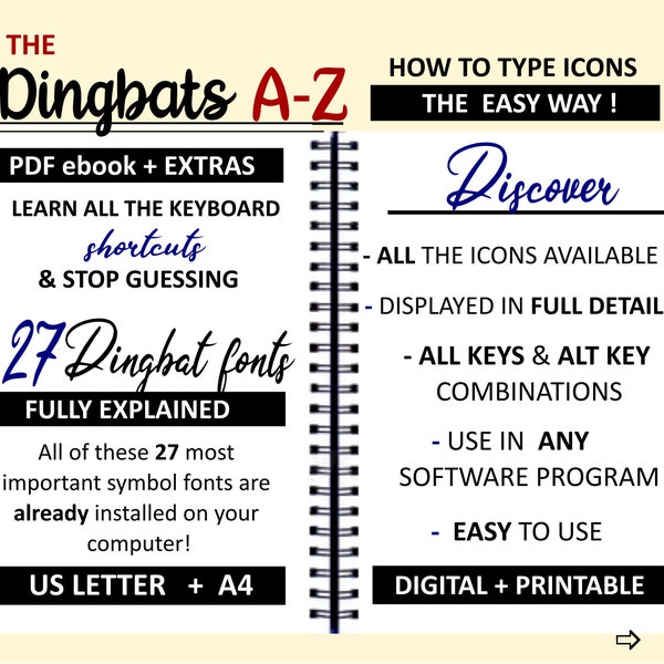 office + more icons: 27 office fonts, DIGITAL + PRINTABLE; learn how to type dingbats the easy way, pdf book, free gift...