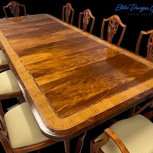A simply world class beautiful Elite 10ft Designer Maple, Burr Yew, Flame mahogany dining table set Professionally French polished.