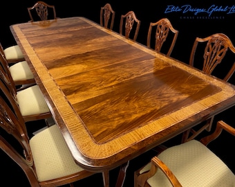 A simply world class beautiful Elite 10ft Designer Maple, Burr Yew, Flame mahogany dining table set Professionally French polished.