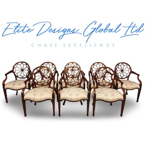 8 exclusive Elite Balloon Back Variant carver dining chairs to be professionally French polished/painted/lacquered Upholstered.