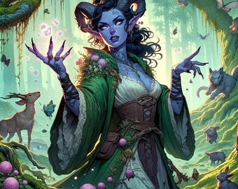 May include: A fantasy illustration of a blue-skinned woman with large horns, wearing a green robe and corset, surrounded by forest creatures. She is holding glowing orbs in her hands. The artwork has a mystical theme.