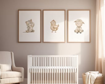3er Set Digitaldrucke Bauernhof Gärtnerei; Küken, Schaf, Katze, Tier Wand-Dekor, Zoo Kunst, Printable. Neutrale Baby Mädchen & Jungen Zimmer Bilder