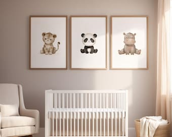 3er Set Safari Kinderzimmer Digitaldrucke: Löwin, Nilpferd, Panda, Tier-Wanddekor, Zoo-Kunst, zum Ausdrucken. Neutrale Baby Mädchen & Jungen Zimmer Bilder