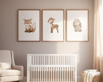 3er Set Wald Kinderzimmer Digitaldrucke: Fuchs, Reh, Kaninchen Tier Wanddekor, Zoo Art, zum Ausdrucken. Neutrale Baby Mädchen & Jungen Zimmer Bilder