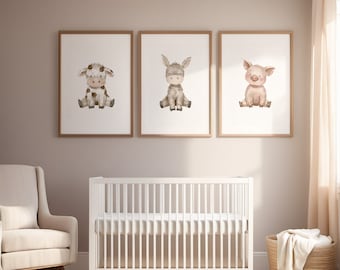 3er Set Bauernhof Kinderzimmer digitale Drucke: Schwein, Esel, Kuh, Tier, Zoo, Illustration zum Ausdrucken. Neutrale Baby Mädchen & Jungen Zimmer Bilder