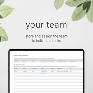 K&ouml;nnte beinhalten: Ein Screenshot eines Computerbildschirms, der eine Tabellenkalkulation mit den &Uuml;berschriften "Project Lead Information" und "Contact Information" zeigt. Die Tabellenkalkulation dient dazu, Teammitglieder zu speichern und ihnen individuelle Aufgaben zuzuweisen.