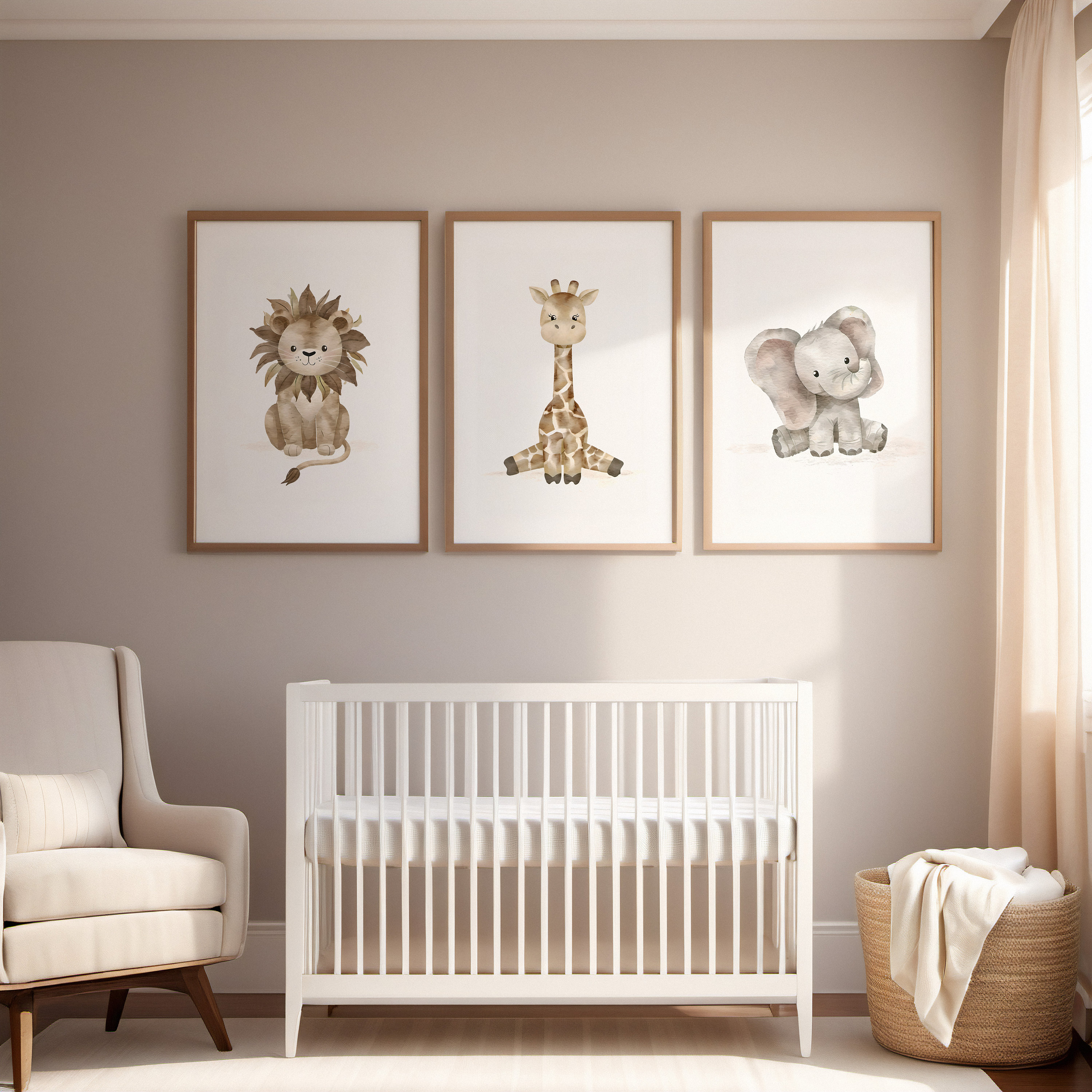 Set von 3 Safari Kinderzimmer Digitaldrucke: Löwe, Giraffe, Elefant, Tier Wanddekor, Zoo Art, druckbare neutrale Baby Mädchen & Junge Zimmer Bilder