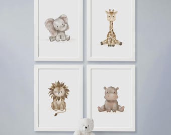 4er Set Safari Kinderzimmer Digitaldrucke: Löwe, Giraffe, Elefant, Nilpferd, Wanddekor, Zoo Art, druckbare neutrale Baby- und Mädchenzimmerbilder