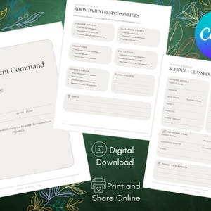 May include: A set of three printable templates titled Room Parent Command Center, Room Parent Responsibilities, and School and Classroom Information. The documents feature light beige sections with black text, checkboxes, and lines for organising school data.