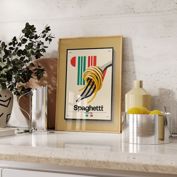 Cartel de espagueti maximalista - Arte de pared de moda italiano - Arte de cocina italiana- Descarga instantánea moderna y colorida de mediados de siglo - Arte imprimible