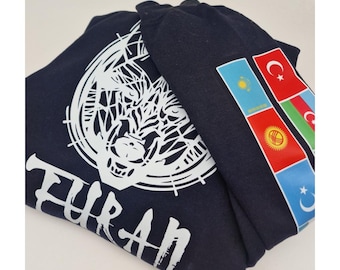 Hoodie with Wolf (Bozkurt Turan) on the back/ left arm flags / Göktürk / Turan Devleti gift / Dtf print / Ottoman Empire