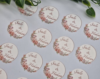 Personalized round labels for guest gifts - SELF-ADHESIVE - baby shower, JGA, baptism, wedding, engagement diy wedding ceremony. [3.8cm]