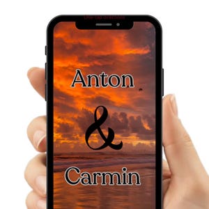 Puede incluir: Un teléfono inteligente muestra una imagen de puesta de sol con los nombres "Anton & Carmin" y el texto "Welcome to the most beautiful day of our lives." El teléfono también tiene el texto "LIVE COUNTDOWN & RSVP" y un botón "BUY NOW".