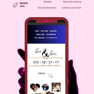 Puede incluir: Un teléfono móvil que muestra una interfaz de cuenta regresiva y RSVP para bodas. La pantalla muestra un temporizador de cuenta regresiva, detalles del evento y una galería de fotos. La interfaz incluye opciones para la historia, el itinerario, el código de vestimenta y la lista de regalos.