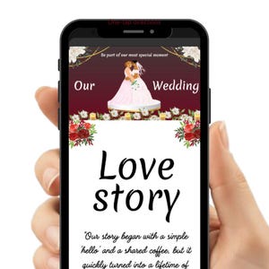 Puede incluir: Un teléfono inteligente muestra una aplicación con temática de boda con las palabras "Live Countdown & RSVP". La pantalla muestra un gráfico de pastel de bodas y el texto "Love Story". La aplicación incluye el texto "Buy Now."