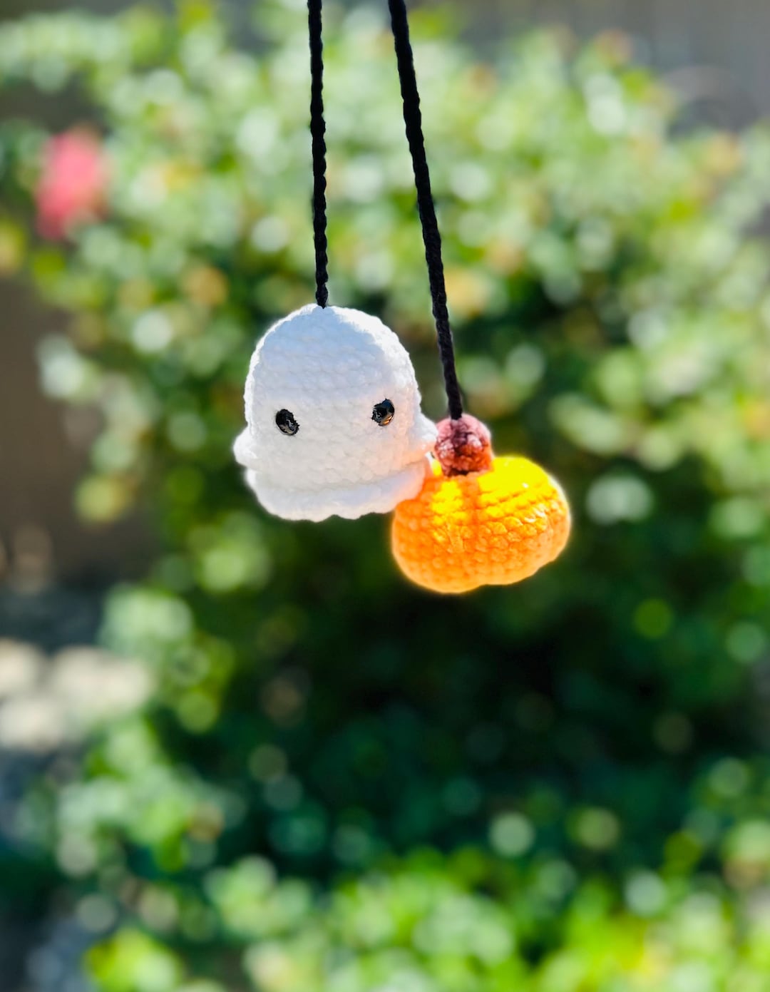 Crochet Ghost Pumpkin Car Hanger – Velvet Soft Halloween Rearview
