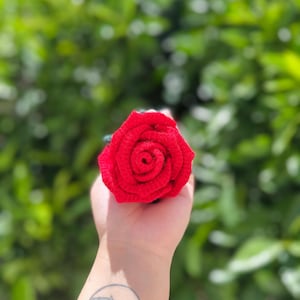 Könnte beinhalten: Eine handgefertigte rote Häkelrose mit grünem Stiel. Die Rose wird vor einem verschwommenen grünen Hintergrund gehalten. Die Blütenblätter der Rose sind eng gewickelt, wodurch ein realistisches Blumenbild entsteht. Die Häkelarbeit ist sichtbar.