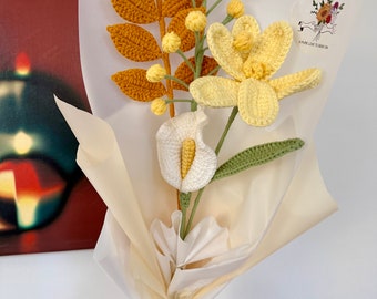 Bouquet de fleurs au crochet, jaune, lys calla, tulipe, symphorine, feuilles des quatre saisons