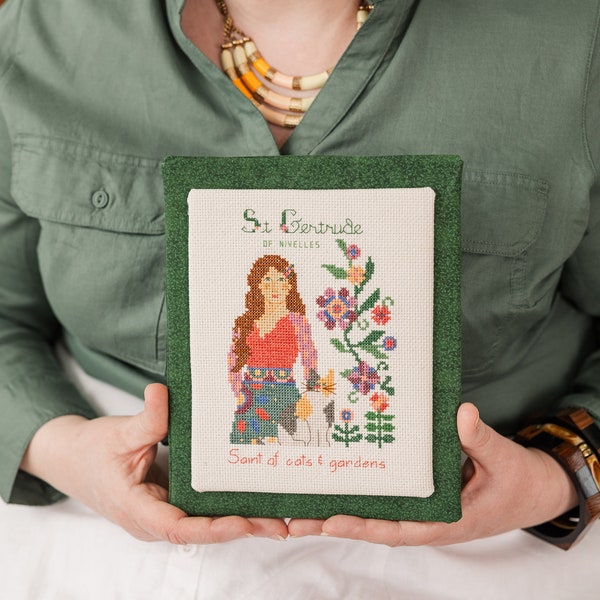 St. Gertrude Cross Stitch Pattern, Saint of Cats Cross Stitch, Saint of Gardens Cross Stitch, Modern Saint Xstitch, Modern Icon Xstitch