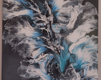 May include: Abstract painting with swirling patterns in shades of black, white, and blue. The colors blend together to create a dynamic and energetic composition.