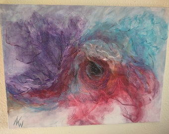 May include: Abstract painting with a swirling, layered design in shades of purple, blue, pink, and white. The center of the painting features a dark, almost black, circular shape.