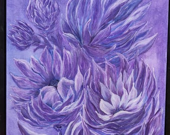 May include: An oil painting on canvas featuring a cluster of large, textured purple flowers with pointed petals. The artwork displays various shades of violet and lavender, set against a solid purple background, framed in a thin black wooden frame.