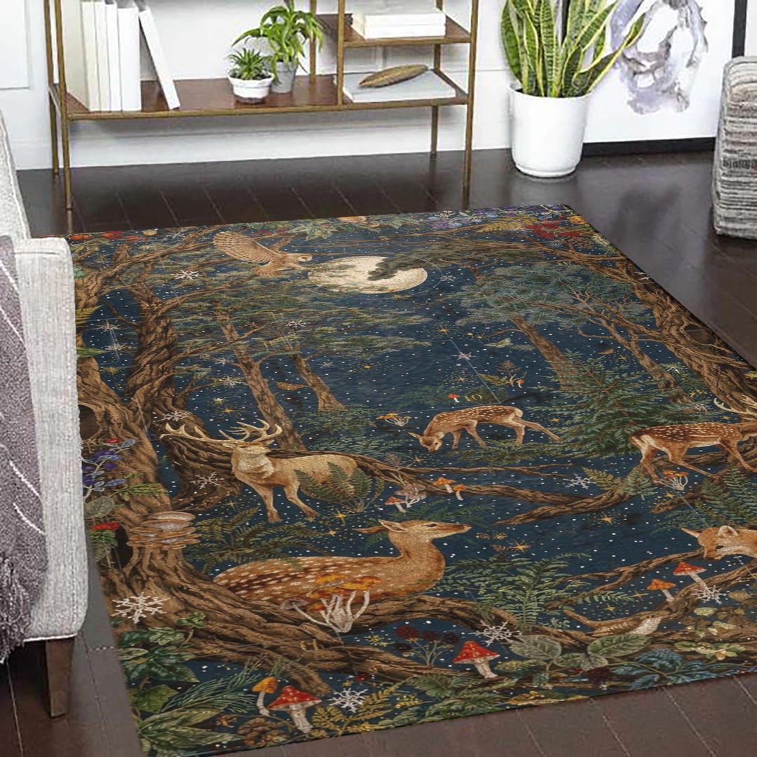 Foresty Rug William Morris Style Forest Rug, Woodland Animals Area Rug, Cottagecore ...