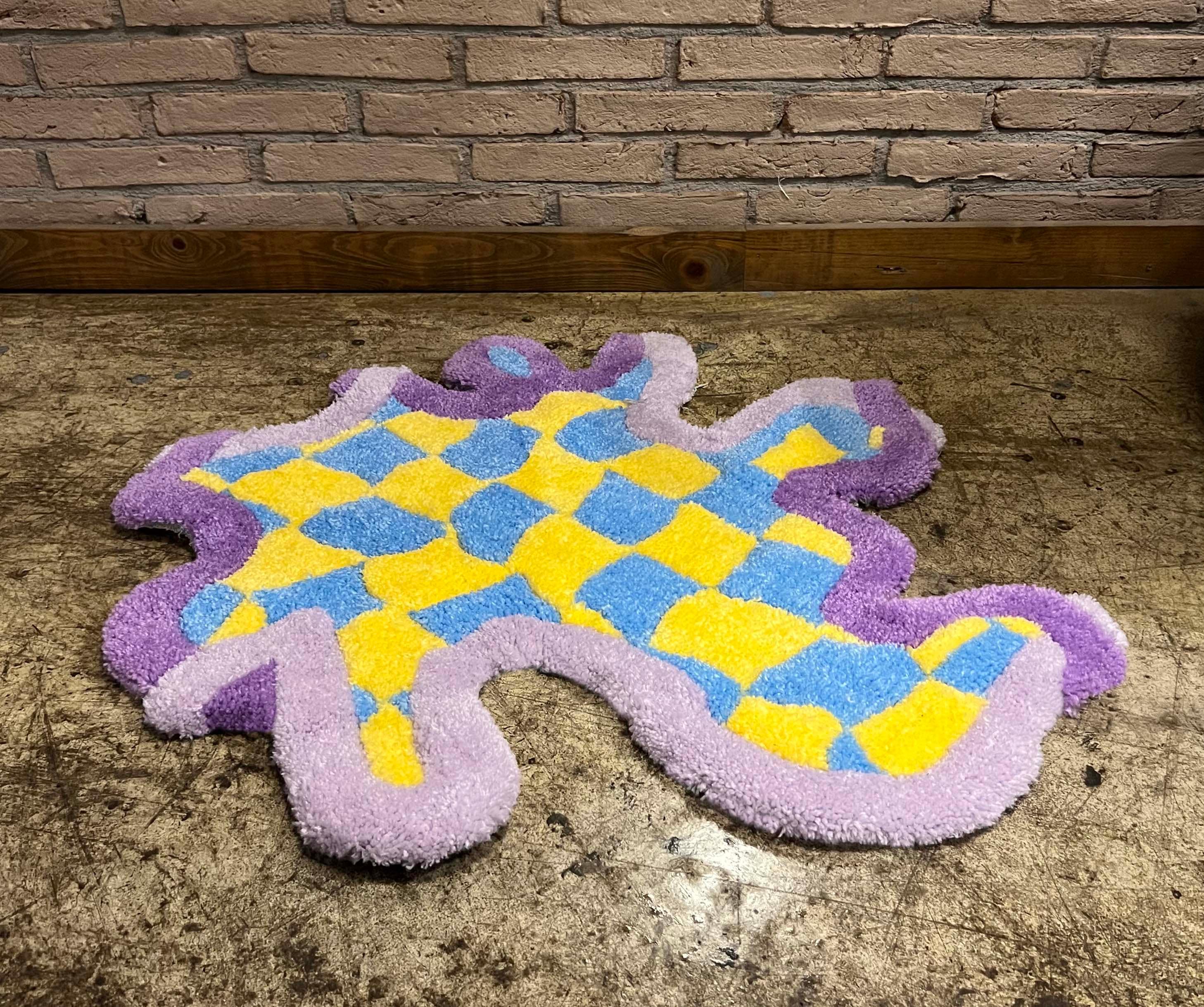 Danish Decor Pastel Colors, Checkered Rug Tufted or Ottoman Pouf