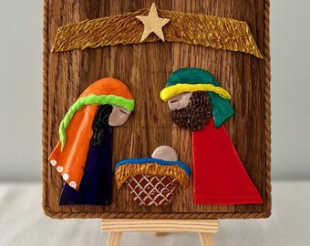 Nativity Scene Colorful Hand-molded Clay Wooden Stand Natividad