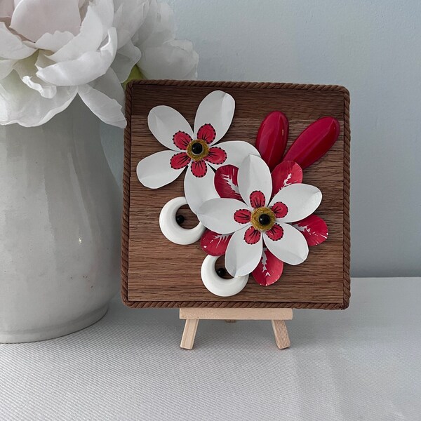 Red and White Flowers Table Decor Wooden Plaque with Easel Recycled Materials