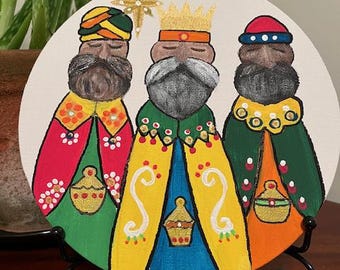 Reyes Magos, Three Kings Canvas Acrylic Painting on Stand, Los Tres Reyes Magos, Epiphany Christmas Gift