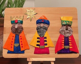 Tres Reyes Magos, Three Kings, Clay on Bamboo Plaque, Epiphany Christmas Gift