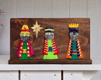 Tres Reyes Magos Clay and Wood, Three Kings Colorful Handcrafted, Wooden Table or Mantel Stand