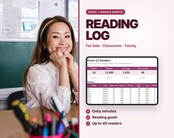 Reading Log Spreadsheet for Kids, Classroom, Family (Excel, Google Sheets)