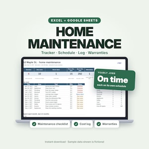 May include: A digital home maintenance tracker template for Excel and Google Sheets displayed on a laptop screen. The interface shows columns for tasks, due dates, and status, with a green overlay box labeled Yearly Jobs On time.