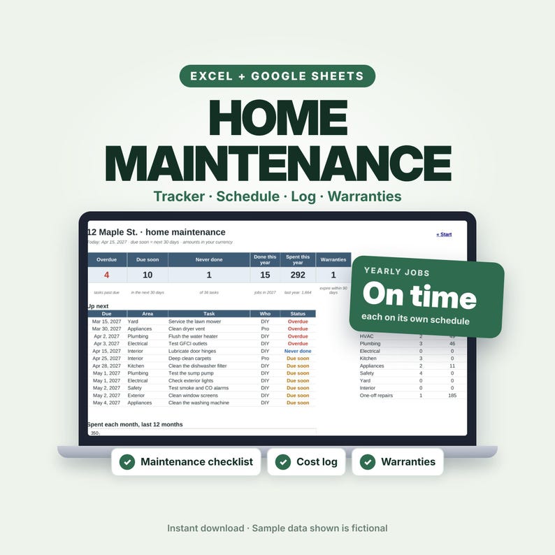 May include: A digital home maintenance tracker template for Excel and Google Sheets displayed on a laptop screen. The interface shows columns for tasks, due dates, and status, with a green overlay box labeled Yearly Jobs On time.