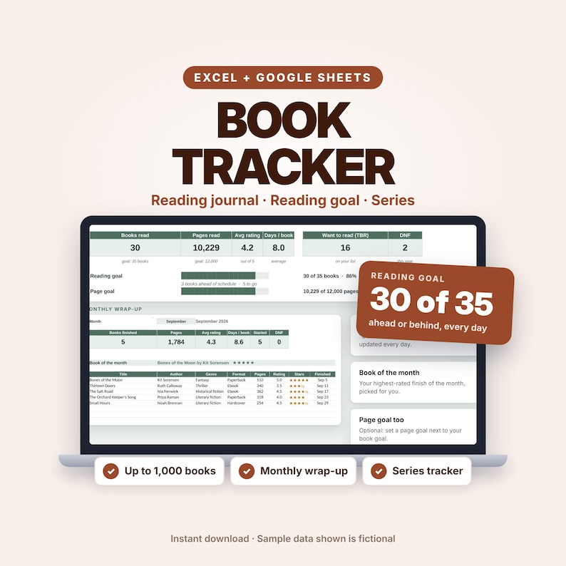 May include: A digital book tracker for Excel and Google Sheets displayed on a laptop screen. The interface shows reading statistics, monthly wrap-ups, and book lists. Text includes "BOOK TRACKER", "READING GOAL 30 of 35", and "Up to 1,000 books".