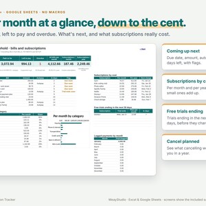 May include: A digital bill and subscription tracker spreadsheet template for Excel and Google Sheets. The interface displays financial data including due dates, payment amounts, subscription costs, and monthly categories for the Rivera household.