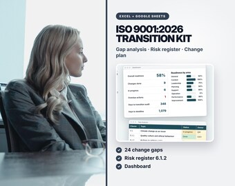 Kit de transición a la norma ISO 9001:2026, análisis de brechas, registro de riesgos (Excel/Google Sheets)