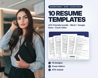 10 ATS-Friendly Resume Templates Bundle, Word, Google Docs, Cover Letter (US Letter, A4)