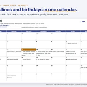 May include: A digital calendar template for Excel and Google Sheets titled Deadlines and birthdays in one calendar. The interface displays a January 2027 monthly grid with various tasks listed on specific dates, including a highlighted Tuesday the 12th.