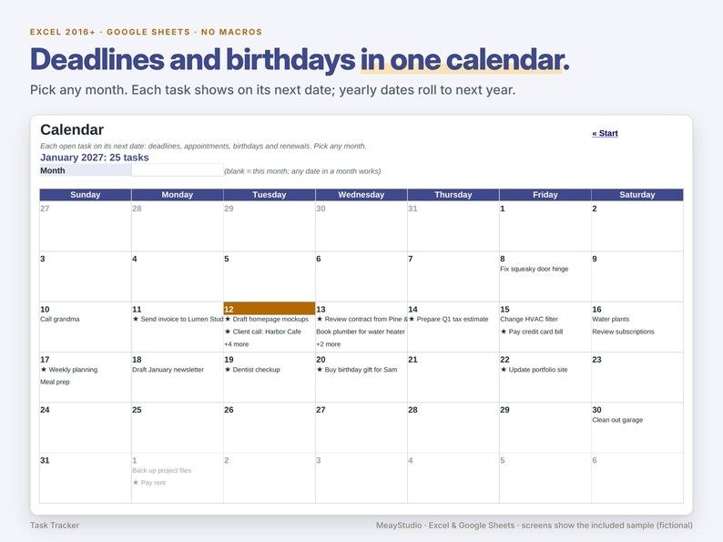 May include: A digital calendar template for Excel and Google Sheets titled Deadlines and birthdays in one calendar. The interface displays a January 2027 monthly grid with various tasks listed on specific dates, including a highlighted Tuesday the 12th.